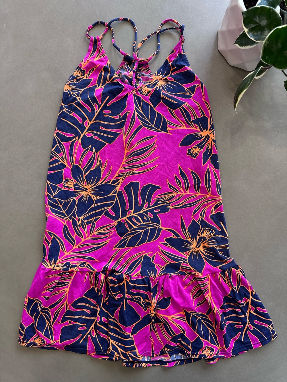 Navy Fuchsia and Orange Tropical Print Swimsuit Coverup